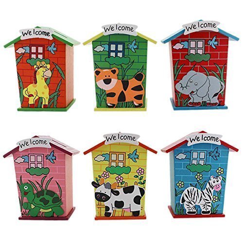 Electomania Home Buy Piggy Bank Wood House Animal Designs, Multi Color (Pack of 6)