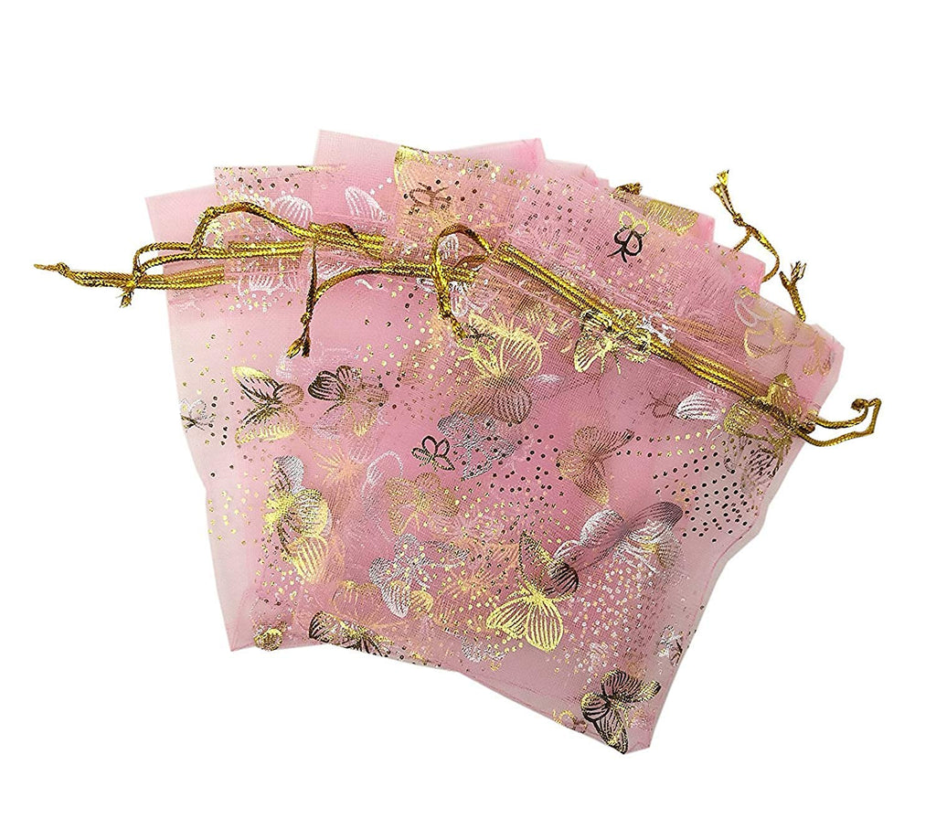 Electomania 100 pcs Organza Pouch Bag Drawstring Strong Gift Candy Bags Jewelry Party Favor (Pink Butterfly)